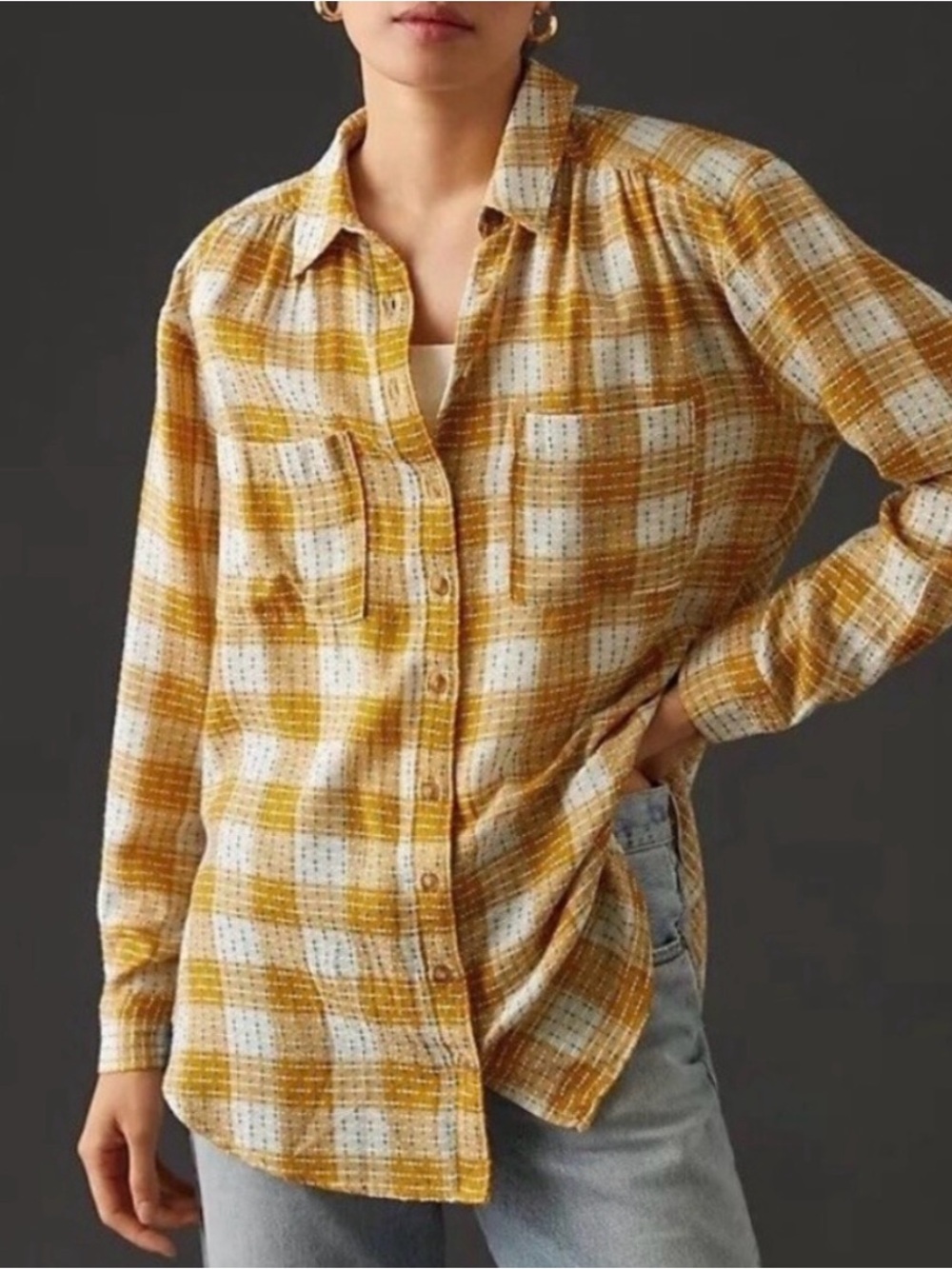 Anthropologie Pilcro Plaid Button Down Shirt NWT Mustard Plaid Boyfriend Style L